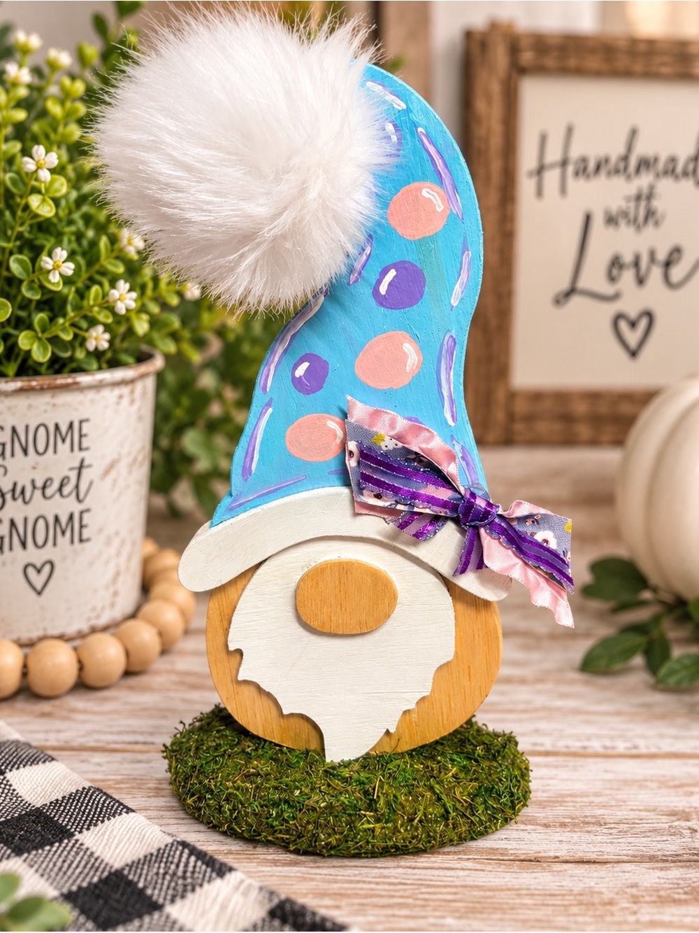 Handmade Blue Polka Dot Gnome Table Decor with White Pom-Pom